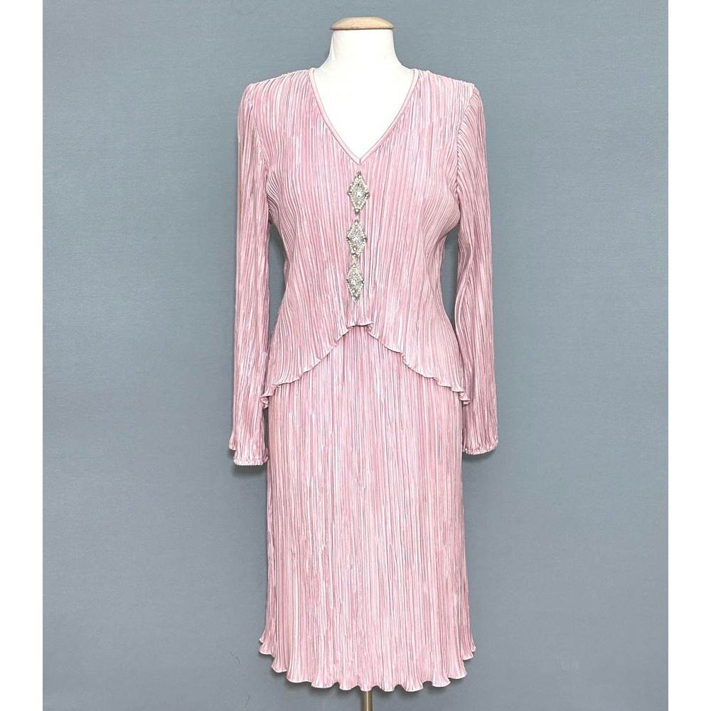 VTG After Dark 90s Women Dress 12 Pink Plisse Pleated Midi Beads Feminine Weding